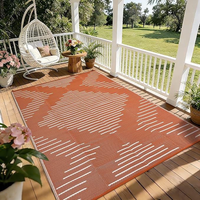 Garvee 6x9 Area Rugs Plastic Reversible Patio Rugs Outdoor Waterproof Easy-Cleaning Large Floor Mat for Outdoors Backyard Porch RV Beach Picnic Terracotta White