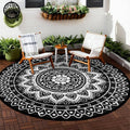 Round Outdoor Rugs for Patios, 8Ft Waterproof Reversible Plastic Straw Mat with Carry Bags, Boho Lightweight Outdoor Carpet Portable Round Floor Mat for Patio Camping Picnic Backyard RV,Black & White