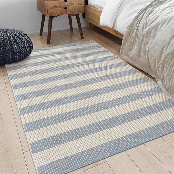 OJIA Washable Area Rug 4'x6', Striped Indoor Outdoor Rugs Patio Camping Rug | Cotton Woven Entryway Rugs Indoor Outdoor Patio Rugs Carpet Large Area Rugs for Bedroom/Porch/Deck/Backyard/Living Room Blue