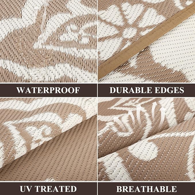 Pauwer Outdoor Rug 5x8, Waterproof Plastic Straw Camping Rug, Boho Brown | Reversible Patio Rug, UV Resistant Indoor Outdoor RV Mat Carpet For Deck, Camper, Porch, Balcony, Backyard, Picnic, Foldable