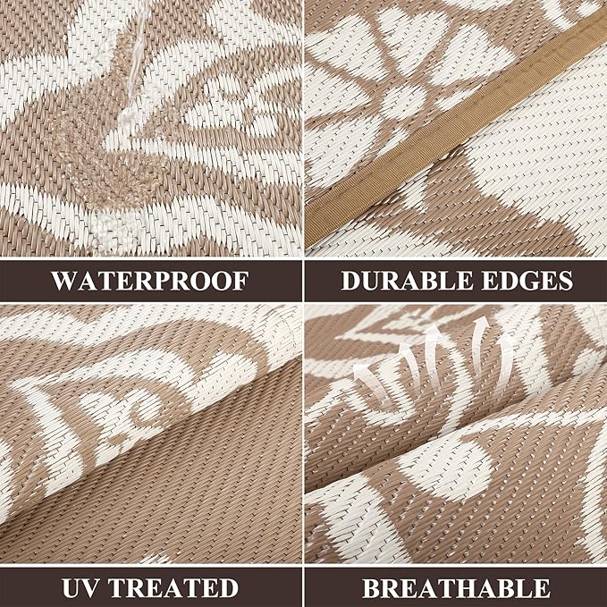 Pauwer Outdoor Rug 10x14, Waterproof Plastic Straw Camping Rug, Boho Brown | Reversible Patio Rug, UV Resistant Indoor Outdoor RV Mat Carpet For Deck, Camper, Porch, Balcony, Backyard, Picnic, Foldable