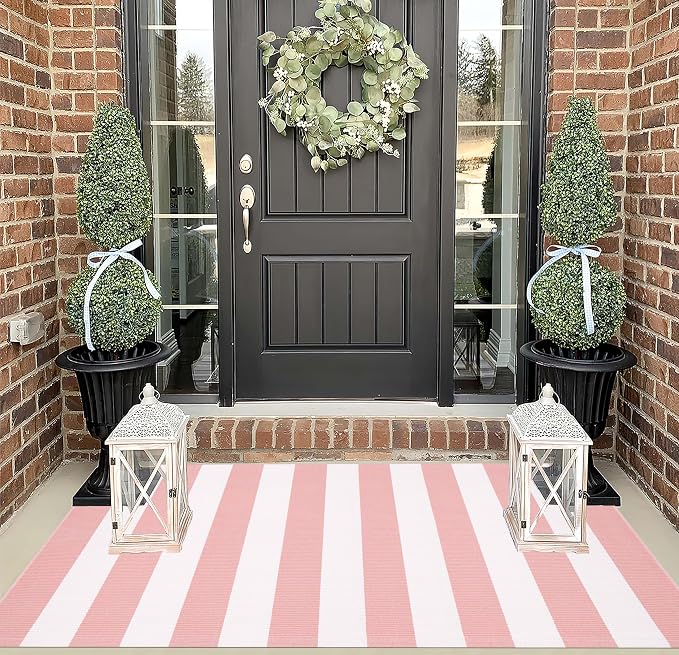 BUAGETUP Outdoor Rug 3'x 5',Pink Striped Area Rug Hand-Woven Cotton Washable Rug Indoor/Outdoor Area Rug Floor Mat for Farmhouse Living Room Bedroom