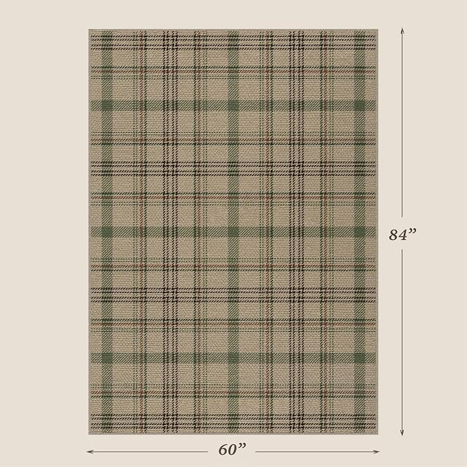 JTJ Easy Jute Area Rug 5x7, Washable Indoor Outdoor Plaid Rug for Living Room, Bedroom, Porch, Farmhouse Non Slip Beige & Sage Green Carpet