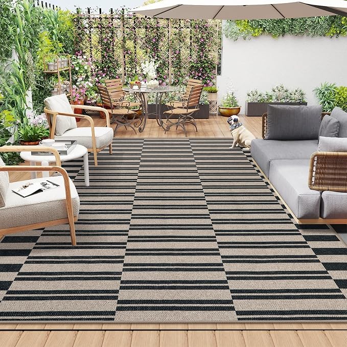 Lahome Striped Easy Jute Living Room Rug, 8x10 Outdoor Patio Rugs Washable | Black Indoor Dining Room Area Rug, Modern Farmhouse Geometric Non Slip Non Shedding Carpet for Deck Office Backyard Mudroom