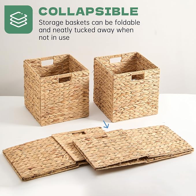11x11x11 Wicker Storage Basket Set of 4, Water Hyacinth Woven Basket with Handles, Wicker Cube Storage Bins for Shelves, Foldable Square Storage Cubes for Living Room Bedroom Organizing, Natural