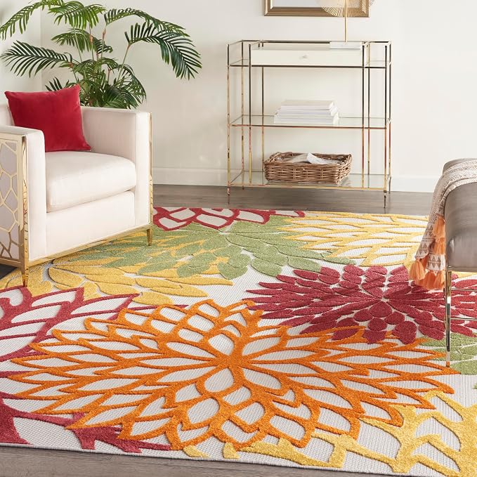 Nourison Home Aloha Indoor/Outdoor Red Multi Colored 7'10" x 10'6" Area Rug, Tropical, Botanical, Easy Cleaning, Non Shedding, Bed Room, Living Room, Dining Room, Deck, Backyard, Patio (8x10)