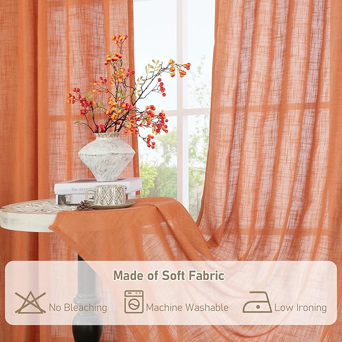 LAMIT Burnt Orange Sheer Linen Curtains 80 inch Length, Light Filtering Linen - Image 9