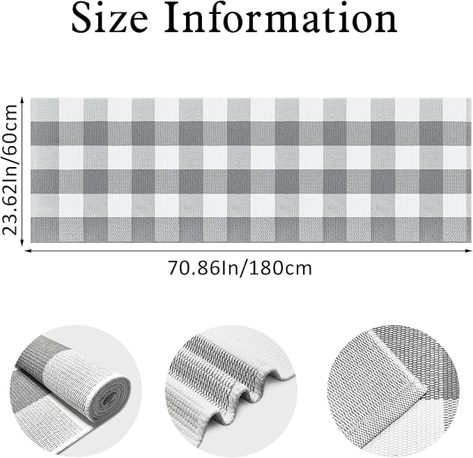 Buffalo Plaid Runner Rug 2x6 Feet Grey and White Checkered Runner Rug Cotton Woven Farmhouse Floor Mat Washable Rugs for Hallway Kitchen Laundry Bedroom Living Room