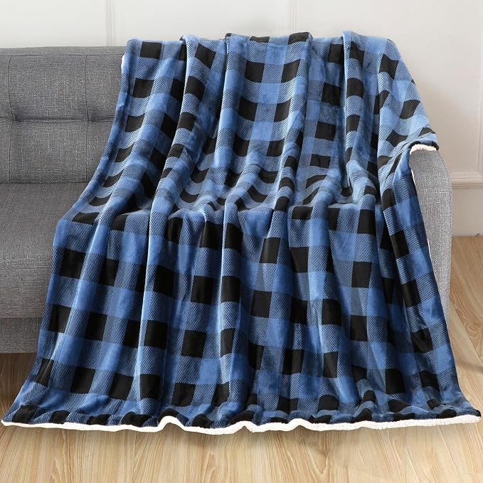 Elegant Comfort Luxury Ultra-Plush Velvet Touch Buffalo Plaid Fleece Throw - Soft, Warm, Cozy Micromink Sherpa-Backing Reversible Blanket for Bed, Sofa and Couch, Buffalo Blue