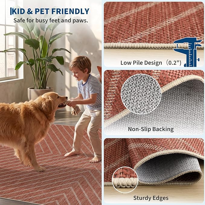 Garvee Easy Jute 2x6 Washable Kitchen Runner Rug, Non Slip Striped Rugs for Entryway Hallway, Indoor Outdoor Rug Farmhouse Modern Carpet Door Mat for Porch Bedroom Laundry Room 2'x6' Terracotta