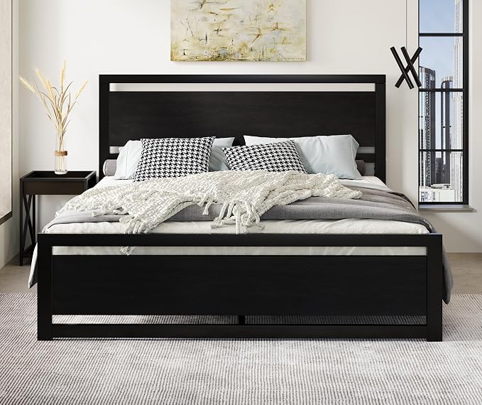 SHA CERLIN Heavy Duty King Size Bed Frame with Modern Headboard, Black | Platform Metal Base with Footboard and 13 Slats Support, No Box Spring Needed