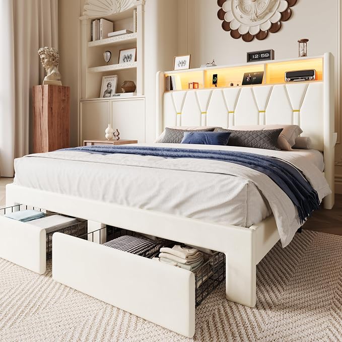 SHA CERLIN Full Velvet Platform Bed Frame with 2 Storage Drawers, LED Storage Headboard with Charging Station, Upholstered Wingback Headboard, Noise-Free, No Box Spring Needed, Easy Assembly, White
