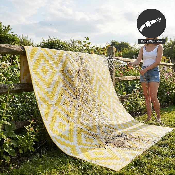 FH Home Outdoor Camping Rug - Waterproof, Fade Resistant, Reversible - Premium Recycled Plastic - Geometric - Patio, Deck, Sunroom, RV - Aztec - Yellow & White - 5 x 8 ft Foldable