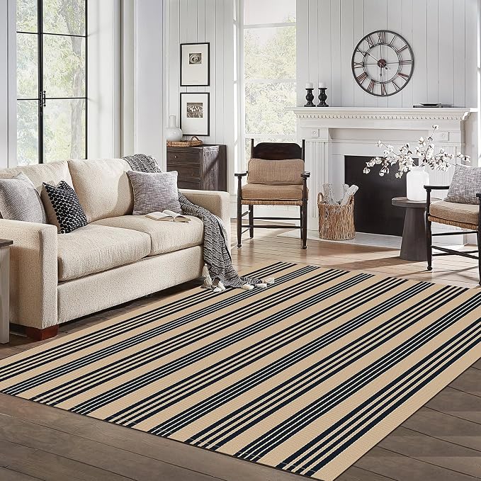 IOHOUZE Black and Tan Striped Rug 5'x7' Indoor Outdoor Rug, Washable Area Rug for Living Room, Large Patio Rug, Cotton Striped Rugs for Patio Living Room Bedroom