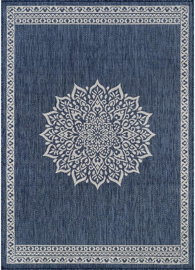 CAMILSON Outdoor Rug 9x12 Medallion Blue Modern Large Area Rugs for Indoor and Outdoor Patios Kitchen and Hallway Mats Washable Porch Deck Outside Carpet (Medallion Blue 9 x 12)