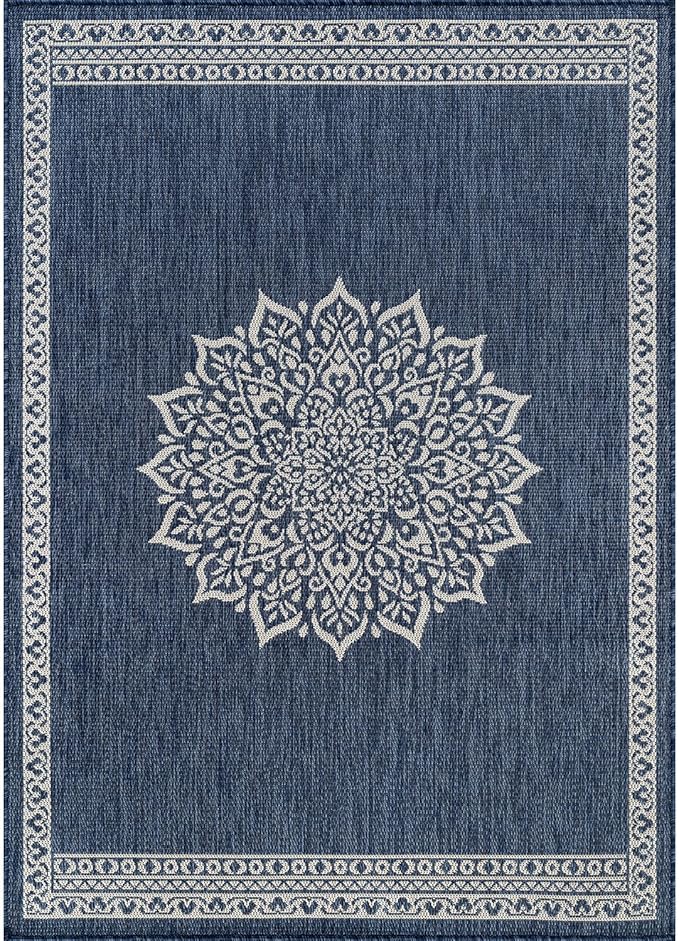 CAMILSON Outdoor Rug 8x10 Medallion Blue Modern Area Rugs for Indoor and Outdoor Patios Kitchen and Hallway Mats Washable Porch Deck Outside Carpet (Medallion Blue 8 x 10)