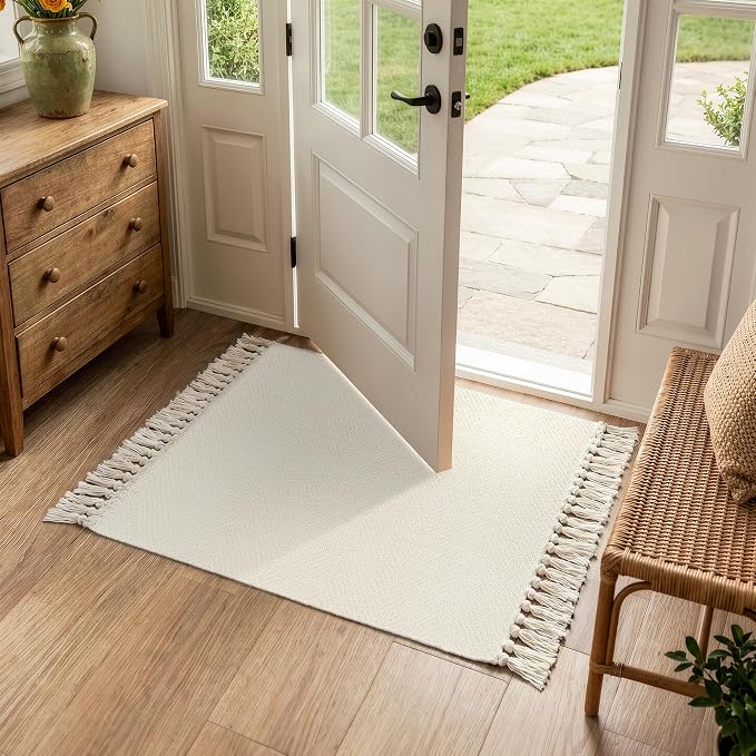 Collive Small Bathroom Rug 2' x 3', Modern Farmhouse Kitchen Rugs Hand Woven Washable Entryway Rugs, White Low Profile Front Door Mat Reversible Braided Carpet for Porch Back Bedroom Boho Decor