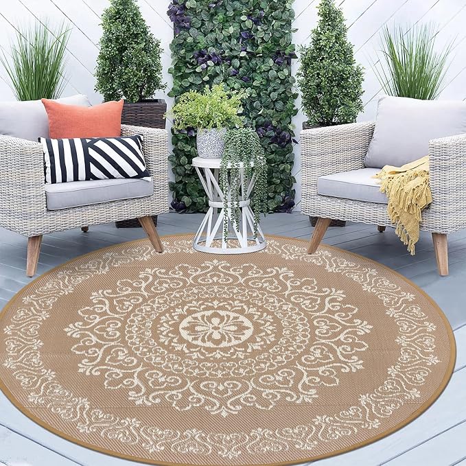 Pauwer Outdoor Rug 6ft, Waterproof Plastic Straw Camping Rug, Floral Brown | Reversible Patio Rug, UV Resistant Indoor Outdoor RV Mat Carpet For Deck, Camper, Porch, Balcony, Backyard, Picnic, Foldable