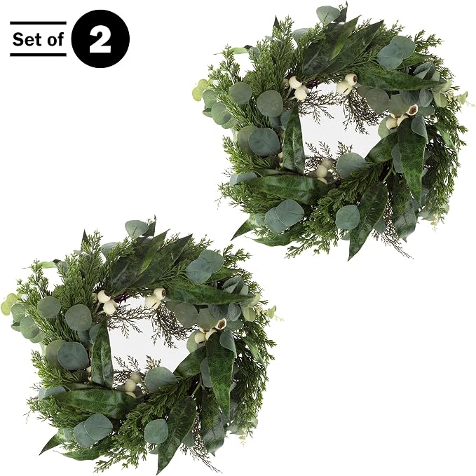 Pure Garden Artificial Wreath Set - Two 20-Inch Eucalyptus Wreaths for Spring, Summer or Fall Home Decor - Indoors or Covered Patio