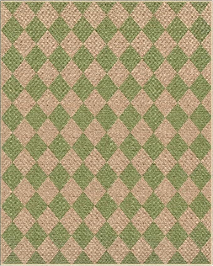 Lahome Checkered Easy Jute Living Room Rug, 8x10 Outdoor Rugs Washable | Farmhouse Natural Non Slip Green Area Rug, Non Shedding Carpet for Indoor Patio Porch Deck Sunroom Dining Room Classroom