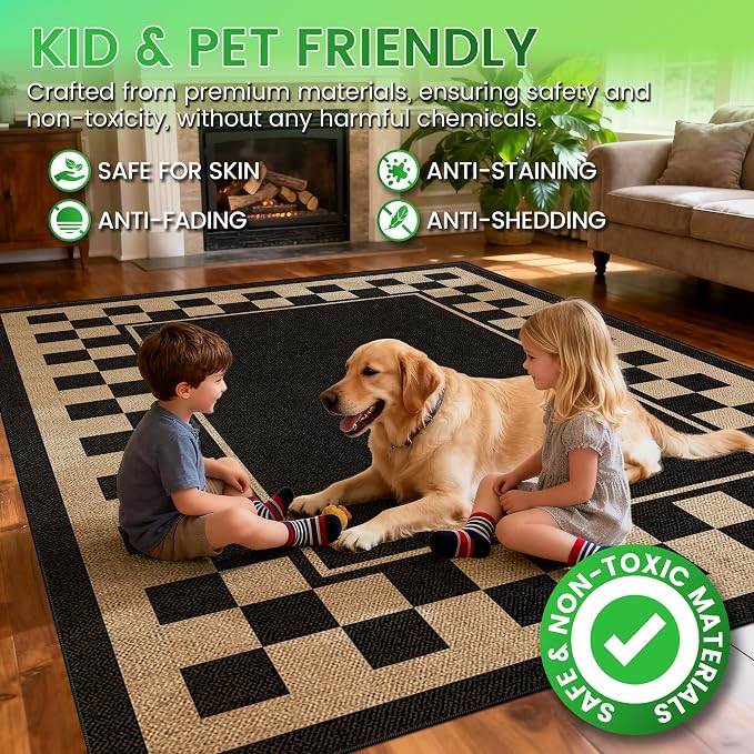 Washable Checkered Easy Jute Runner Rug 2x6, Black Checkerboard Geometric Outdoor Indoor Patio Bordered Rug, Woven Non Slip Thin Neutral Long Runner Carpet for Hallway Kitchen Entryway Porch