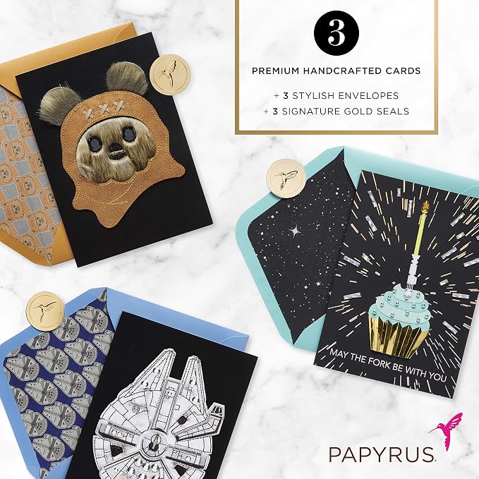 Papyrus Star Wars Birthday Card Assortment, Ewok, Cupcake, and Millennium Falcon (3-Count)