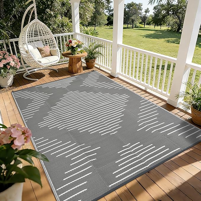 Garvee Waterproof Outdoor Area Rug 9x12 Plastic Reversible Rug for Patio Decor Easy-Cleaning Large Floor Mat for Camping RV Porch Deck Backyard Balcony Picnic Grey White