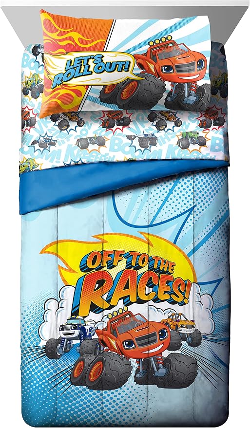 Jay Franco Blaze and the Monster Machines Off to The Races 4 Piece Toddler Size Bed Set – Super Soft Microfiber Bed Set Includes Size Comforter & Sheet Set (Official Blaze Product)