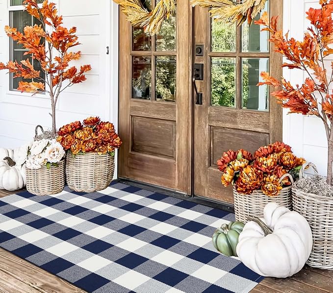 Blue and White Outdoor Rug 3'X 5' Buffalo Plaid Porch Rug Cotton Woven Washable Indoor Outdoor Area Rug for Welcome Door Mat Front Porch Entryway Bedroom Living Room