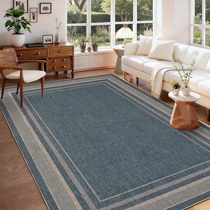 GarveeHome 10x13 Living Room Area Rug Large Easy Jute Bedroom Rugs | Non Slip Modern Solid Color Dining Room Throw Carpet Stain Resistant Neutral Washable Rug for Nursery Home Office Decor, Blue