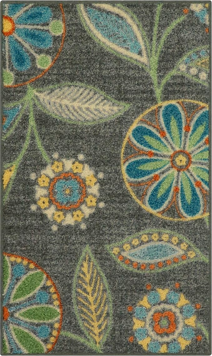 Maples Rugs Reggie Floral Kitchen Rug - Made in USA - Washable, Non Slip Indoor Carpet for Entryway, Foyer, Kitchen, and Bathroom, 1'8 x 2'10, Dark Grey