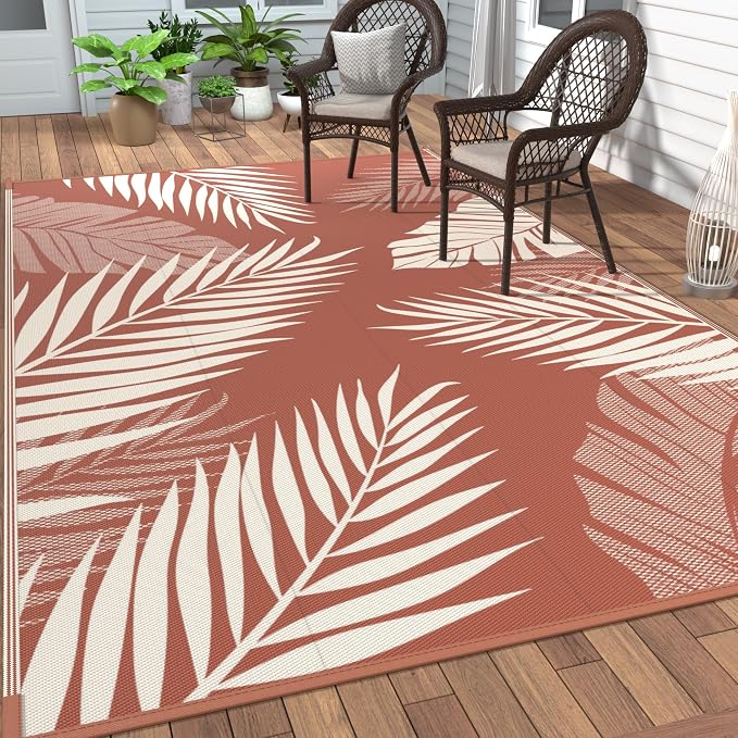 GENIMO Outdoor Rug, Waterproof Plastic Rugs 10'x14' for Camping Brick Red | Outside Larger Leaf Carpet Mat for Porch Decor, Deck, Camping, RV, Backyard, Balcony, Picnic, Beach, Reversible, Foldable