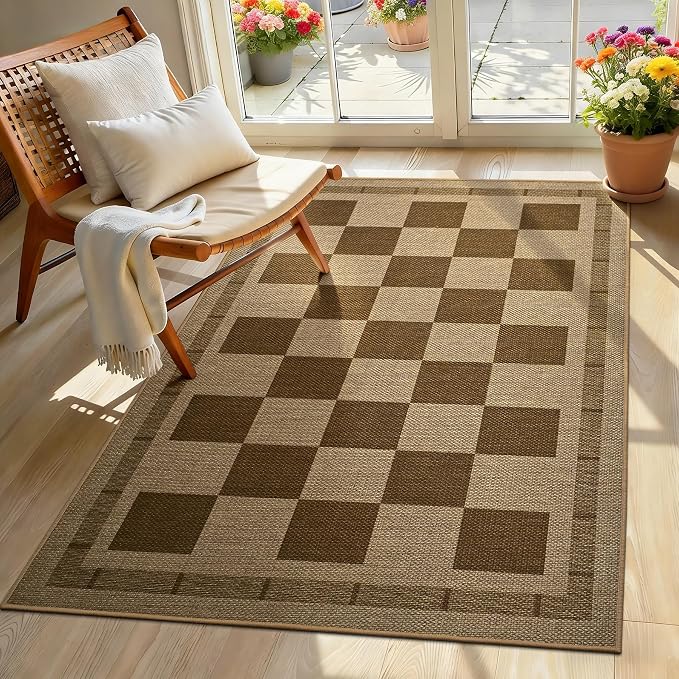 3x5 Outdoor Rug, Jute Checkered Rugs, Patio, Entryway, Balcony, Porch Rug | Indoor Plaid Carpets, Washable Bedroom Kitchen Carpet, Non Slip Farmhouse Neutral Laundry Office Floor Mat, Nature and Brown