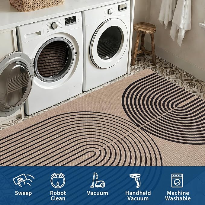 COZYLOOM 8x10 Patio Outdoor Rug, Modern Rainbow Easy Jute Rug with Non Slip Backing, Non Shedding Stain Resistant Arch Striped Area Rugs for Living Room, Bedroom, Dining Room, Backyard, Nature＆Black