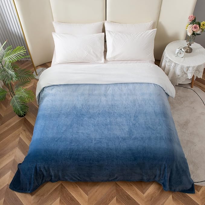 Elegant Comfort Luxury Velvety Feel Blanket, All-Season Lightweight Blanket, Ultra Plush, Soft, Cozy-Fuzzy Flannel Fleece for Couch, Sofa, Bed, Travel, Ombre Design, King/California King, Blue