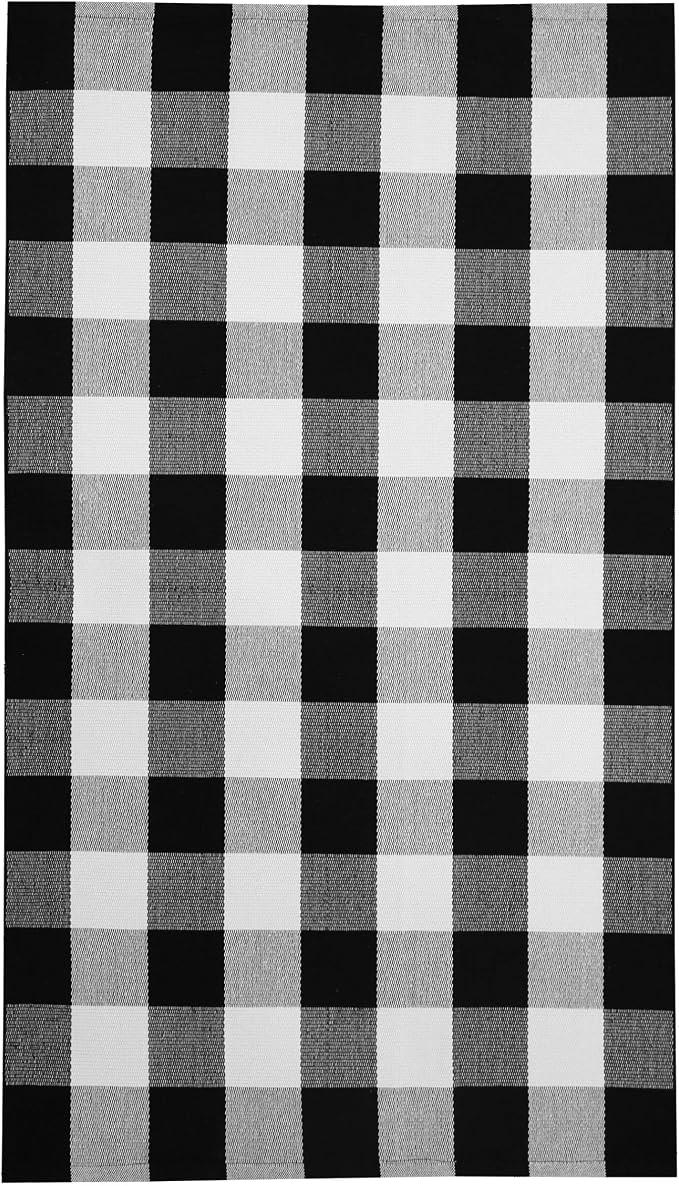 KILOCOCO Buffalo Plaid Checkered Rug 4x6 ft Black White Front Door Rug | Machine Washable Front Porch Rug, Outdoor Rugs, Indoor Living Room Rug, Cotton Low Pile Rugs for Kitchen Patio Dining Room