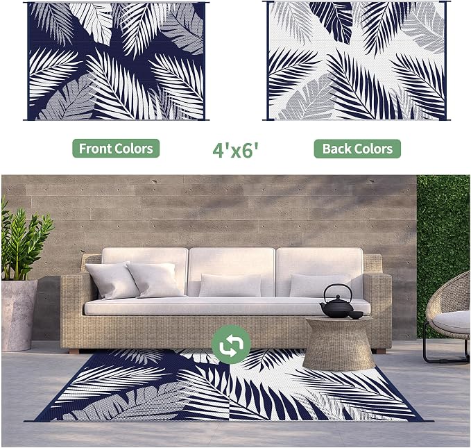 GENIMO Outdoor Rug, Waterproof Plastic Rugs for Patio, 4'x6' Blue White | Outside Larger Leaf Carpet Mat for Porch Decor, Deck, Balcony, Camping, RV, Backyard, Picnic, Beach, Reversible, Foldable