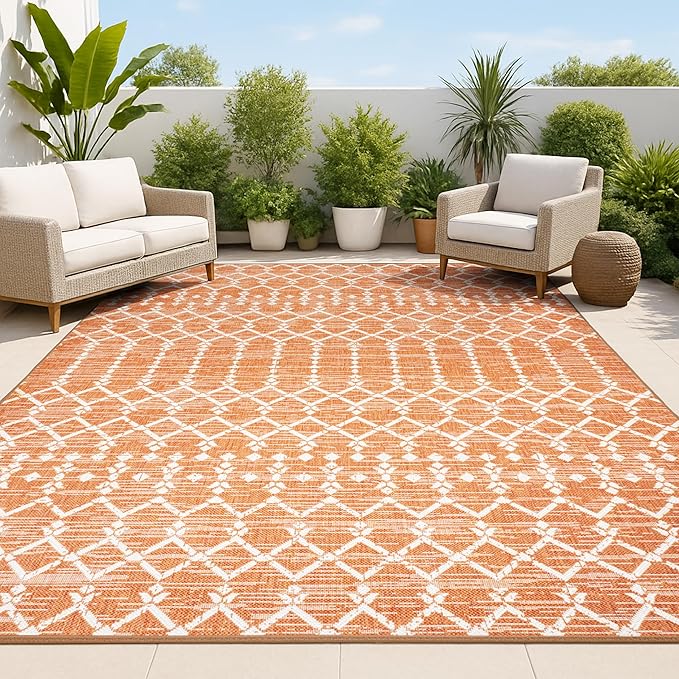 JONATHAN Y Moroccan Geometric Indoor Outdoor Area Rug 8X10 Orange/Cream, Ourika Textured Weave for Backyard, Patio, Porch, Easy-Cleaning, High Traffic, Pet-Friendly, Non-Shedding (SMB108P-8)
