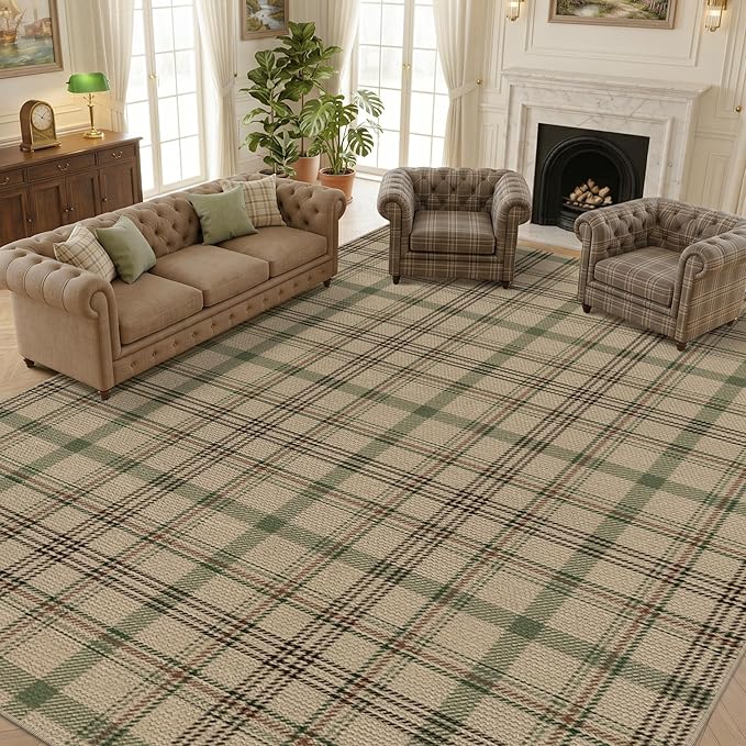 Washable Easy Jute Living Room Rug - Aesthetic Bedroom Rug Under Bed, Outdoor Rug 9x12 for Patio, Large Farmhouse Indoor Outdoor Carpet, Contemporary Non Slip Sage Plaid Decor for Dining Room