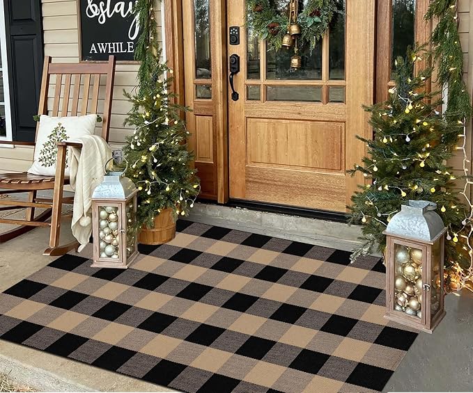 Outdoor Rug 3'x5' Tan and Black Checkered Porch Rug Cotton Woven Washable Area Rug Indoor Outdoor Door Mats for Welcome Layered Porch Entryway Bedroom Living Room