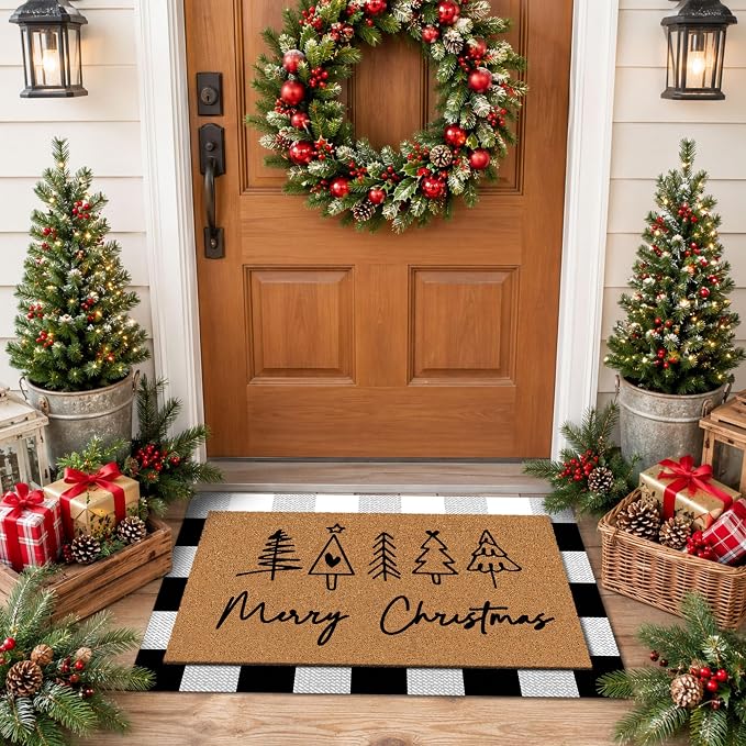 Tinideya 2 Pcs Door Mat Welcome Non Slip Coir Mats Floor Layering Doormats Seasonal for Front Porch Entryway Decor(Christmas)