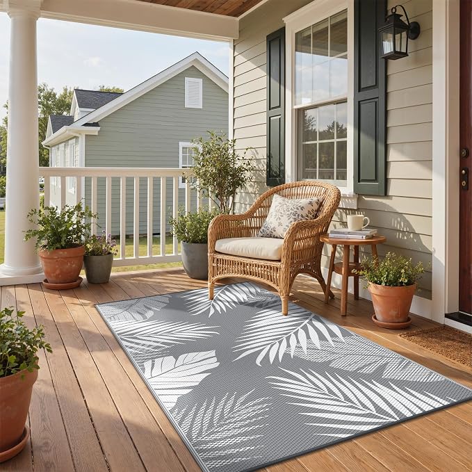 GENIMO Outdoor Rug 3'x5' Waterproof for Porch, Plastic Door Mat Grey White | Outside Leaf Carpet for Patio Decor, Balcony, Deck, Backyard, Picnic, Camping, RV, Reversible, Foldable, Lightweight