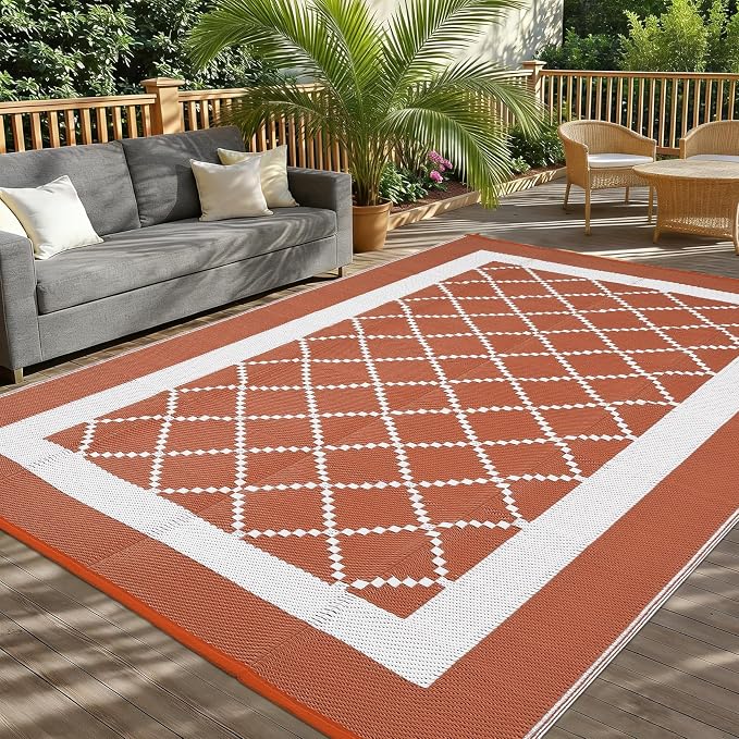 Outdoor Rug 8x10ft Waterproof Reversible Plastic Straw Carpet Modern Orange & White Patio Mat Lightweight Easy Clean UV-Resistant for Deck RV Camping Beach Balcony 尺寸: