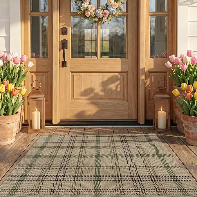 Washable Door Mat Indoor Entrance - Large Entryway Rug 2'3" x 3'7" (27.5" x 43"), Non Slip Sage Plaid Decor for Kitchen, Bathroom, Easy Jute Layering Rug for Front Porch