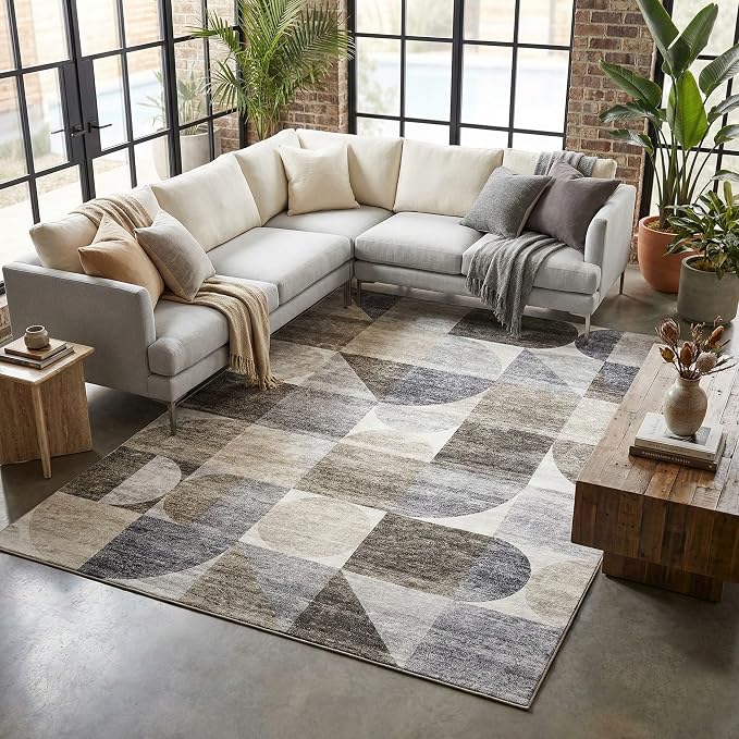 ReaLife Rugs Machine Washable Indoor Outdoor - Mat Rug Foldable Printed Thin Lightweight Cushioned Fade Resistant Patio Deck Dock Porch Pool Balcony Camping - Naya - Beige Brown Gray 6' x 9'