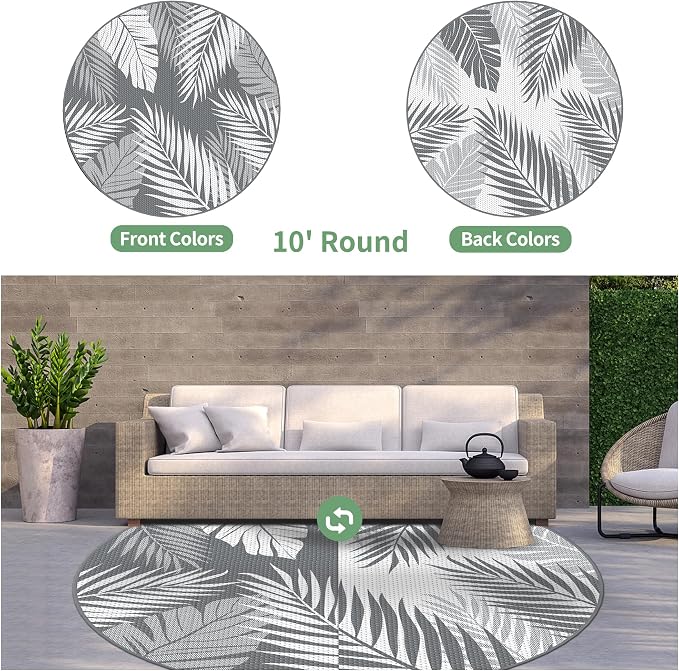 GENIMO Outdoor Rug, Waterproof Plastic Rugs for Patio, 10' Round Grey White | Outside Larger Leaf Carpet Mat for Deck Decor, Porch, Balcony, Backyard, Camping, Picnic, Beach, RV, Reversible, Foldable