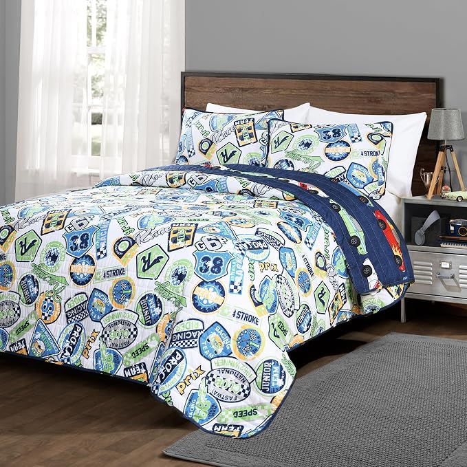 Lush Decor Race Car Kids' 2-Piece Quilt Bed Set, Reversible Bedding Set for Boys, Navy, Twin