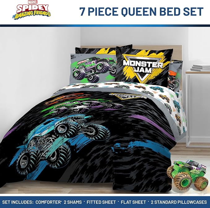 Monster Jam Trucks Queen Comforter Set 7 Piece Kids Bedding for Boys, Black | Grave Digger Megalodon, Comforter Sheets Shams Pillowcases, Official Product, Soft Microfiber, Machine Washable, Boys Gift