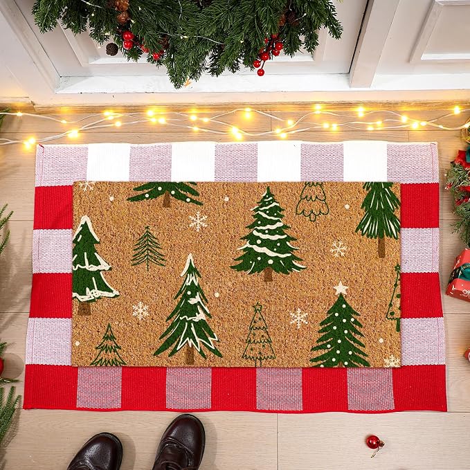 Moucuny 2 Pcs Christmas Coir Doormat Outdoor, Non Slip | Christmas Tree Welcome Coir Door Outdoor Red White Plaid Rug Front Door Porch Entryway Decor, 24'' x 35'', 16'' x 28''