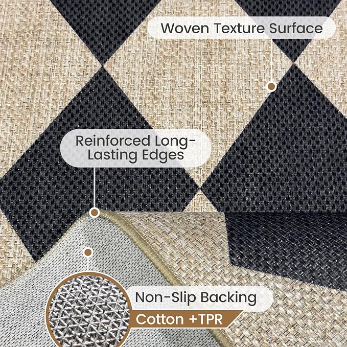 Washable Checkered Easy Jute Rug 3x5, Black Checkerboard Boho Geometric Outdoor Indoor Patio Small Rugs, Woven Non Slip Thin Neutral Carpet Door Mat for Bedroom Entryway Front Door Farmhouse